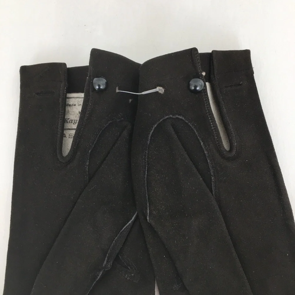 Vintage Kay Fuchs Faux Suede Leather Gloves Black 66378 Made in France